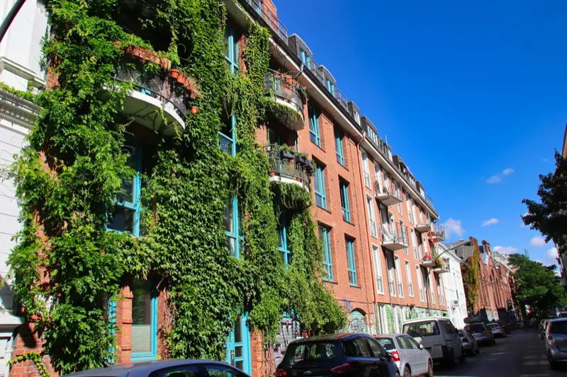 Klinkerbau mit begrünter Fassade in einer Wohnstraße in Altona